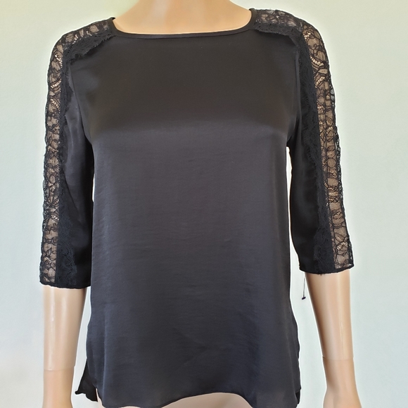 BCBGMaxAzria Black Satin Lace Hi Lo Top Blouse XS Goth Whimsygoth - Picture 2 of 5